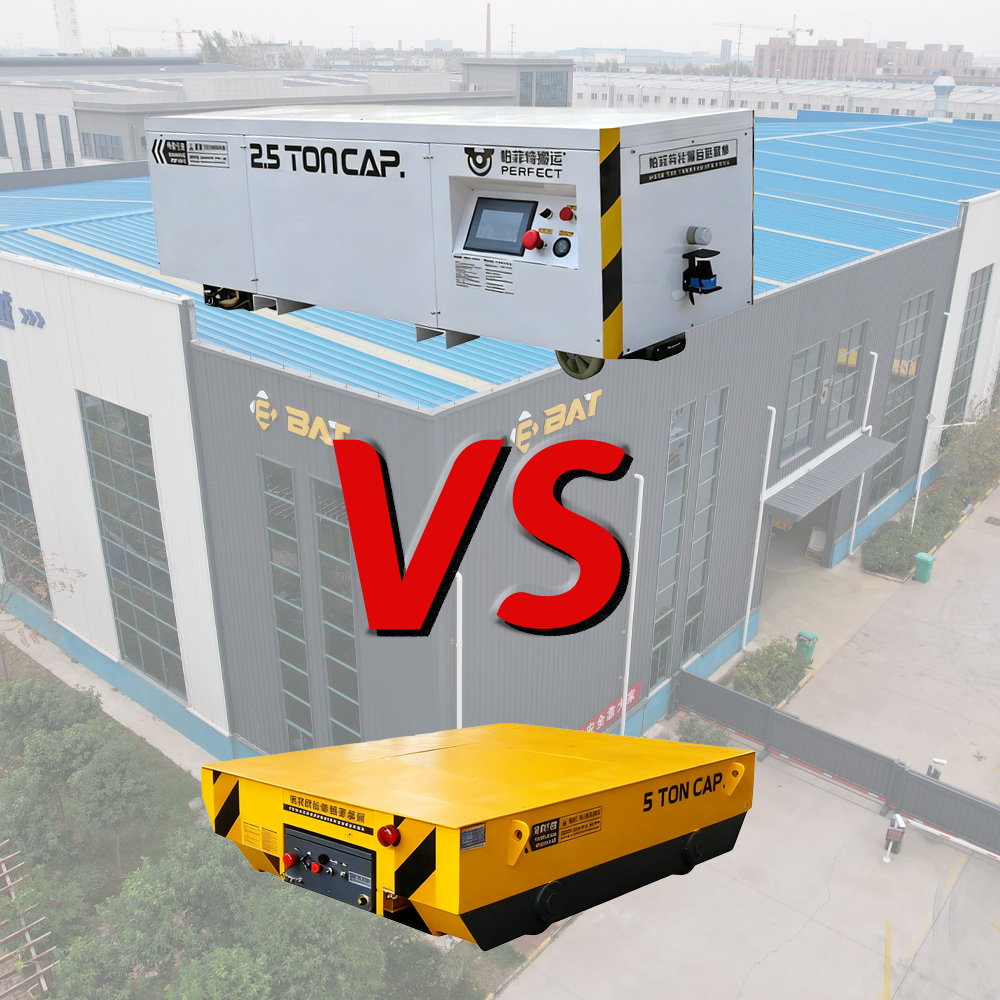 RGV vs AGV rail transfer cart comparison - industrial material handling equipment analysis